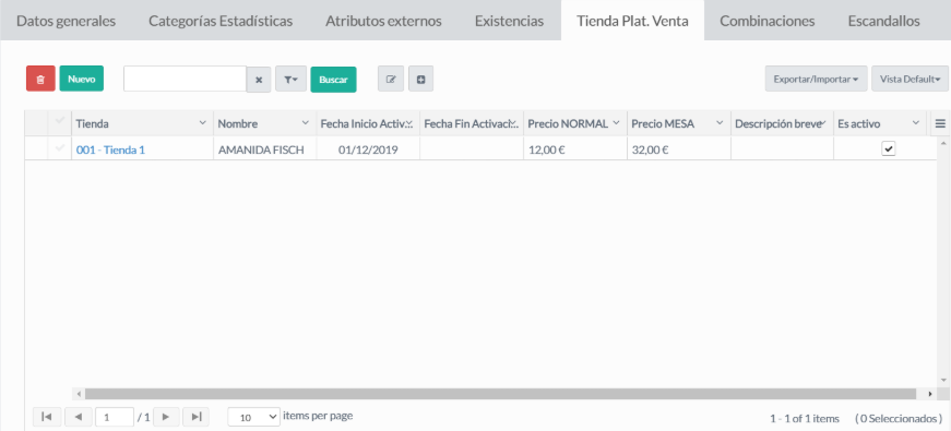 Pestaña Tienda Plataforma de Venta