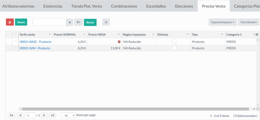 Pestaña Precios Venta