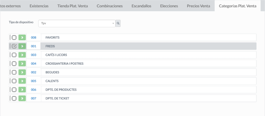 Pestaña Categorías Plataforma de Venta